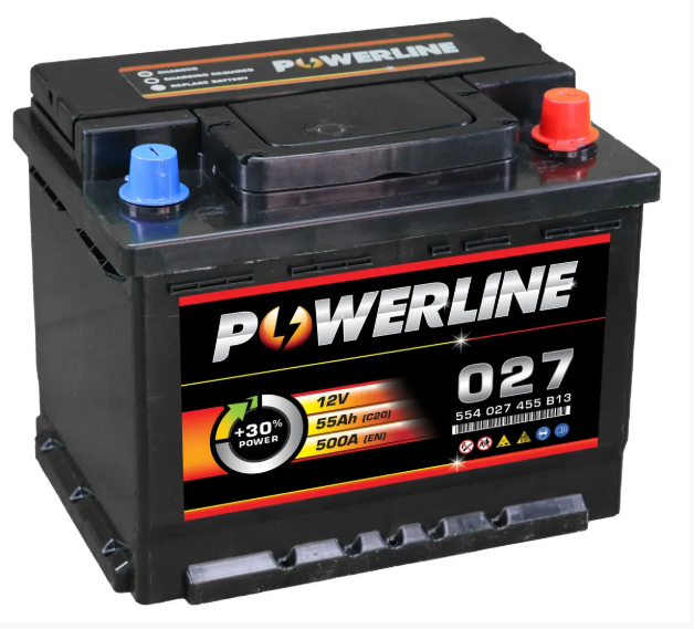 027 Car Battery 12V 55Ah 500A for Non-Start/Stop Cars | Maintenance-Free WET | Powerline